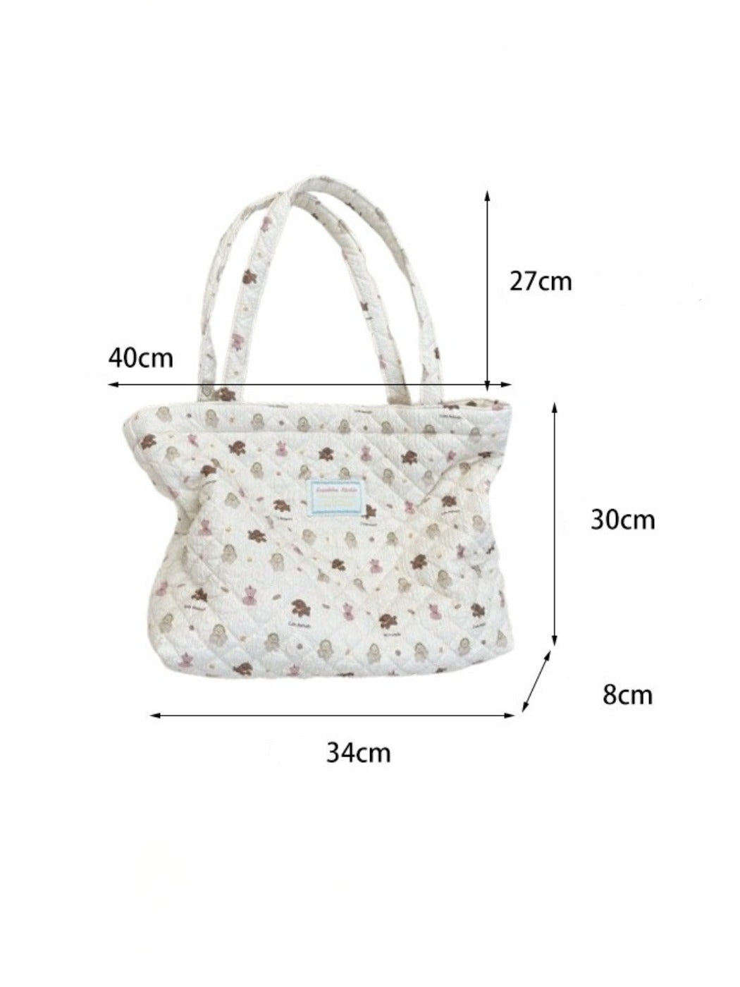 Cosbai - Floral Quilted Tote Bag with Cartoon Pattern