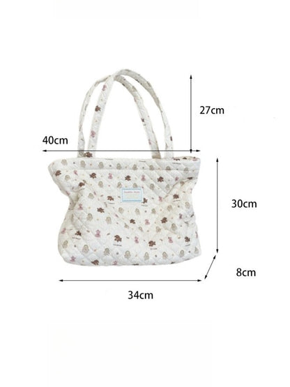 Cosbai - Floral Quilted Tote Bag with Cartoon Pattern
