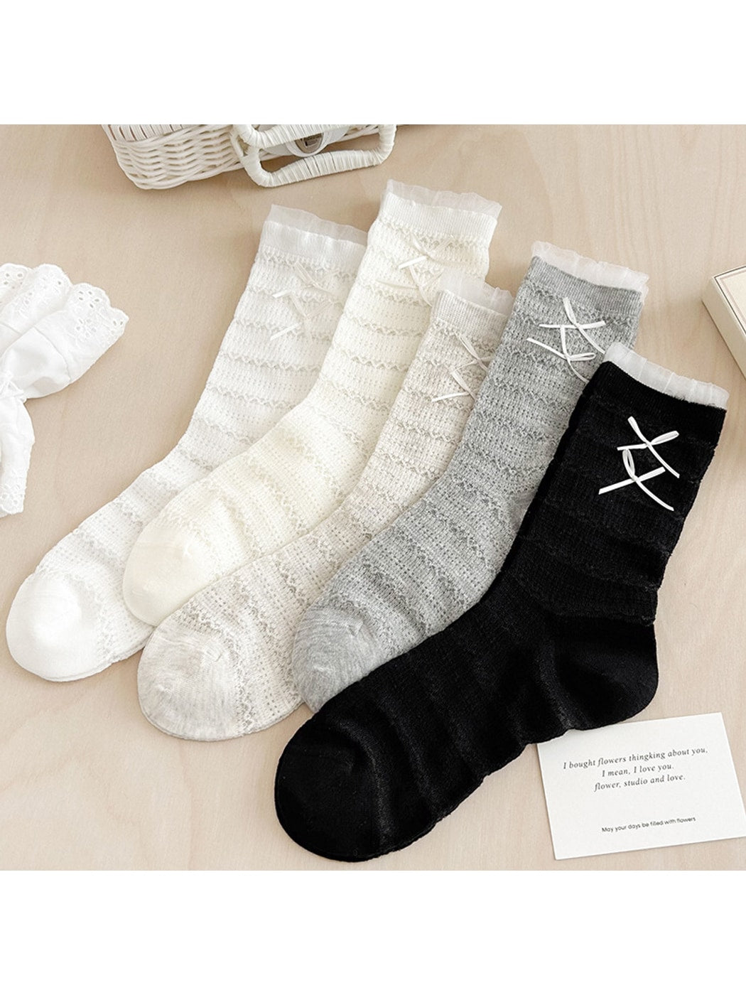 Rufia - Double Bow Detail Openwork Crew Socks