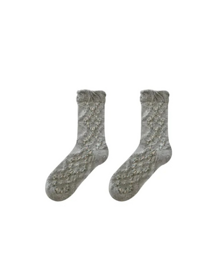 Rufia - Floral Argyle Ruffled-Cuff Crew Socks