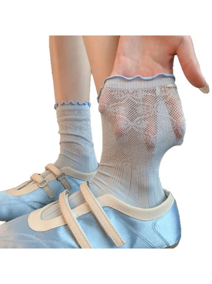Rufia - Floral Sheer Ruffle-Cuff Crew Socks