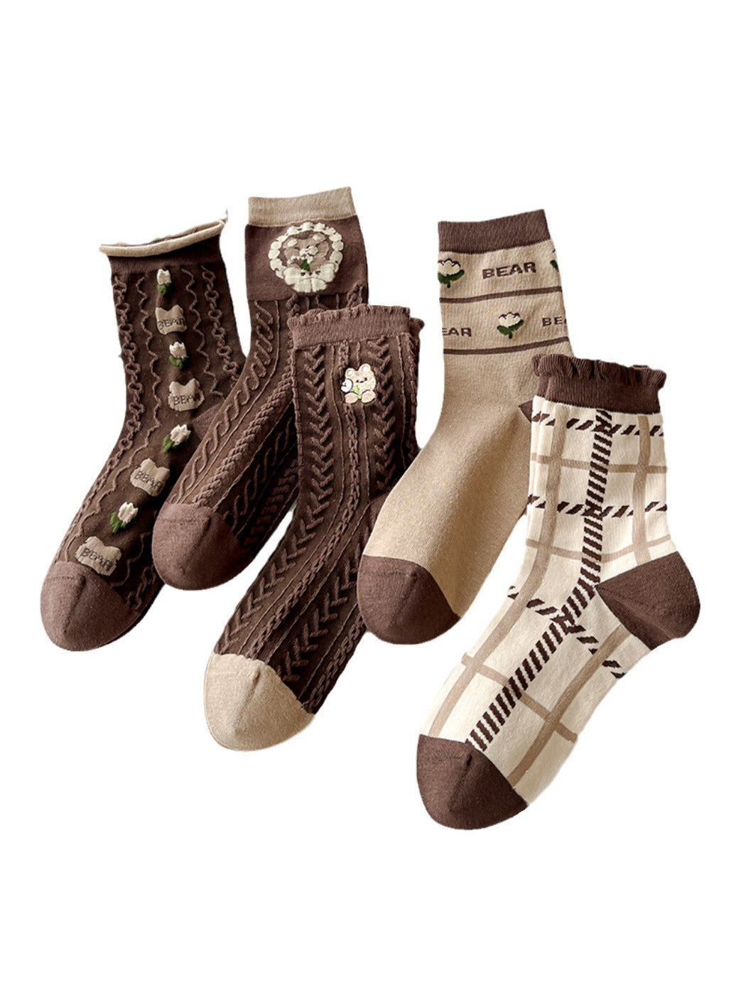 Rufia - Cartoon Bear Plaid Mid-Calf Socks