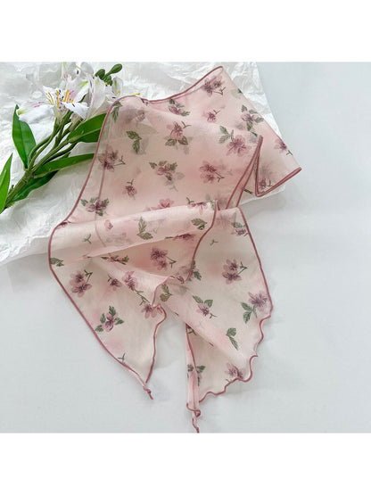 Scarvii - Romantic Floral Printed Ruffled Trim Scarf