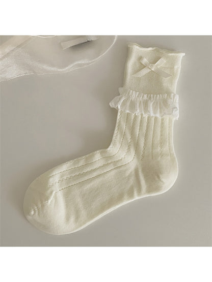 Rufia - Ballet Style Lace Ribbon Bow Detail Crew Socks