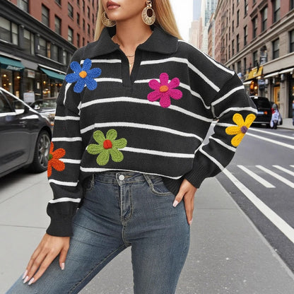 Crosa Colorblock Flower Polo Sweater with color block detail and floral motif