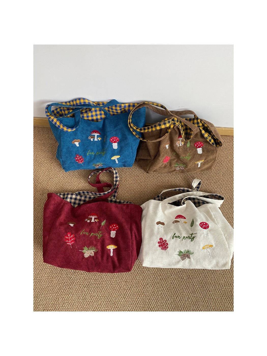 Cosbai – Retro Corduroy Mushroom Embroidered Shoulder Bag