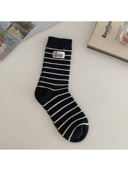 Rufia - Striped Cartoon Puppy Label Casual Crew Socks