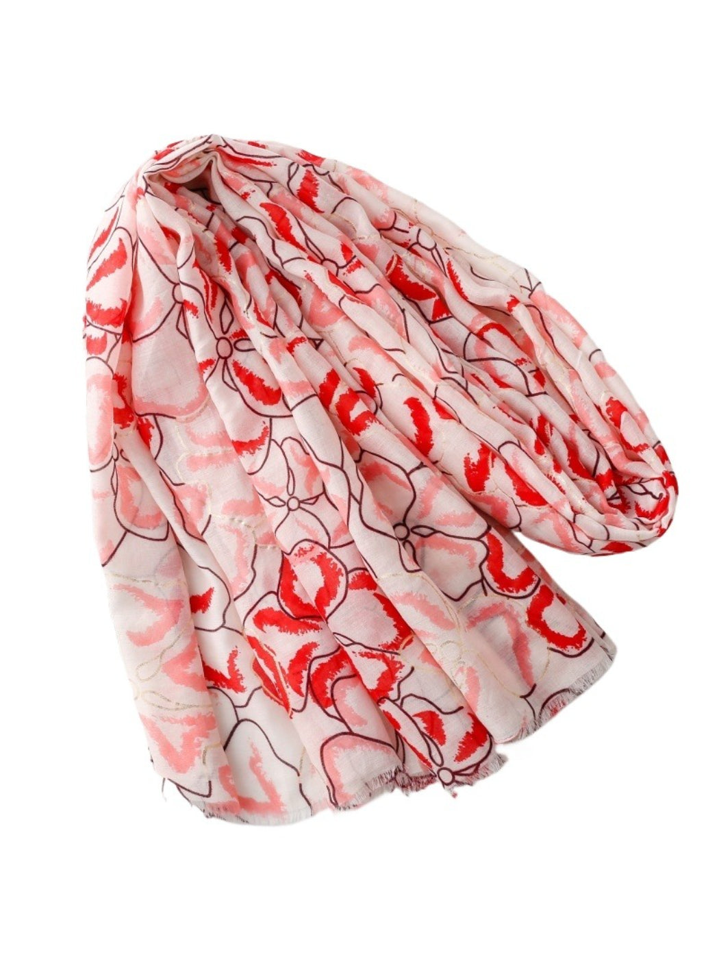 Pink Petal Statement Scarf styled as a head wrap on a model with matching accessories