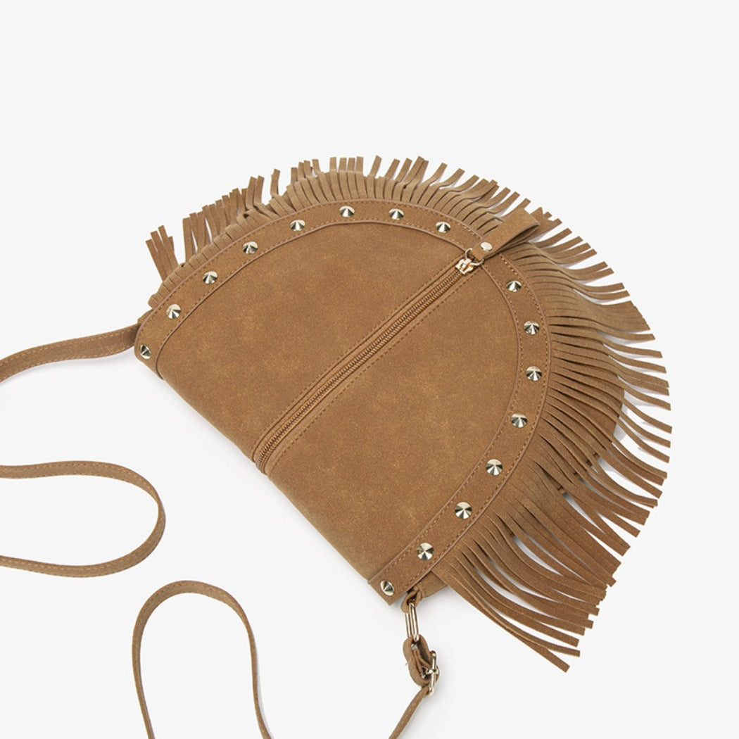 Cosbai - Vintage Brown Studded Fringe Saddle Bag