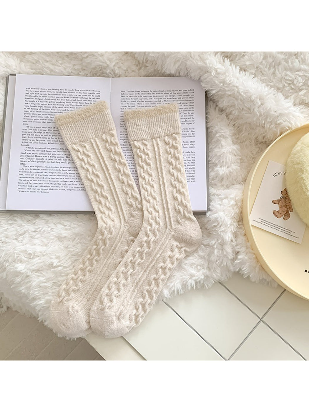 Rufia - Fuzzy Lined Cable Knit Crew Socks