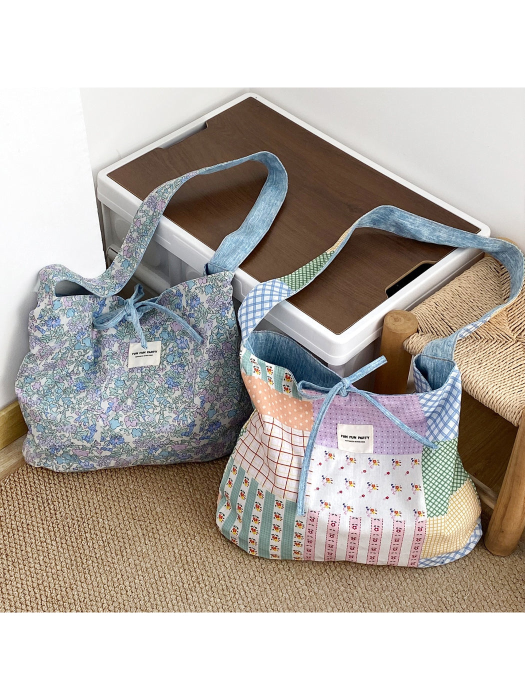 Close-up of patchwork details and stitching on Cosbai slouchy shoulder bag