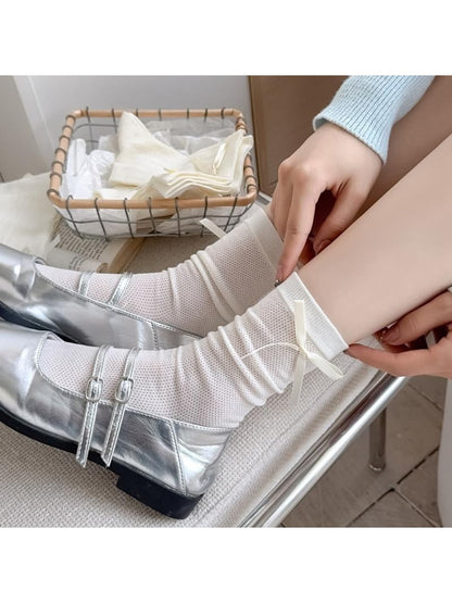 Rufia - White Bow Accent Openwork Crew Socks