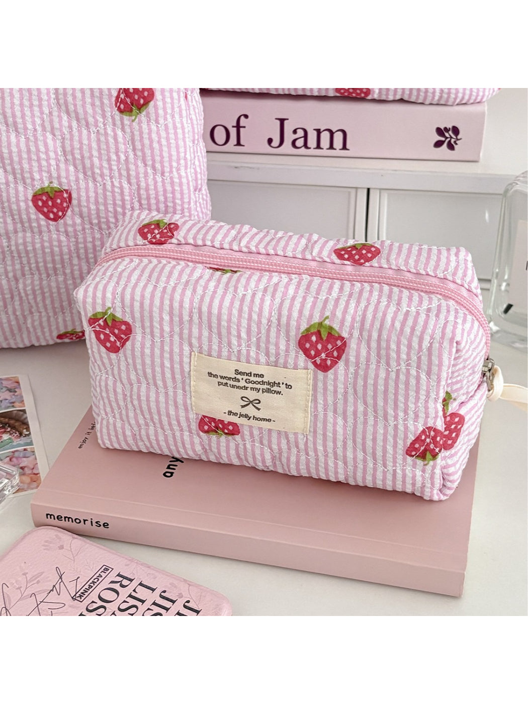 Cosbai Strawberry Stripe Quilted Travel Makeup Bag with pink and white stripes
