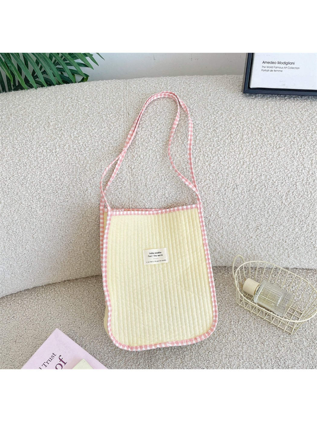 Cosbai Soft Gingham Trim Tote Bag folded flat to show soft fabric and gingham pattern