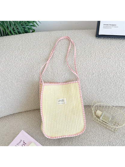 Cosbai Soft Gingham Trim Tote Bag folded flat to show soft fabric and gingham pattern