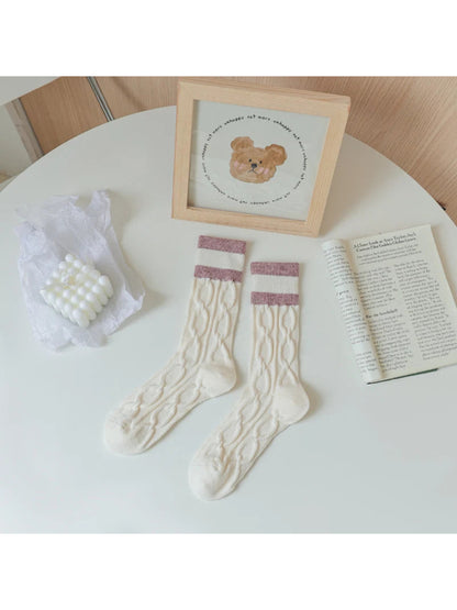 Rufia - Striped Ribbed-Cuff Cable Knit Crew Socks