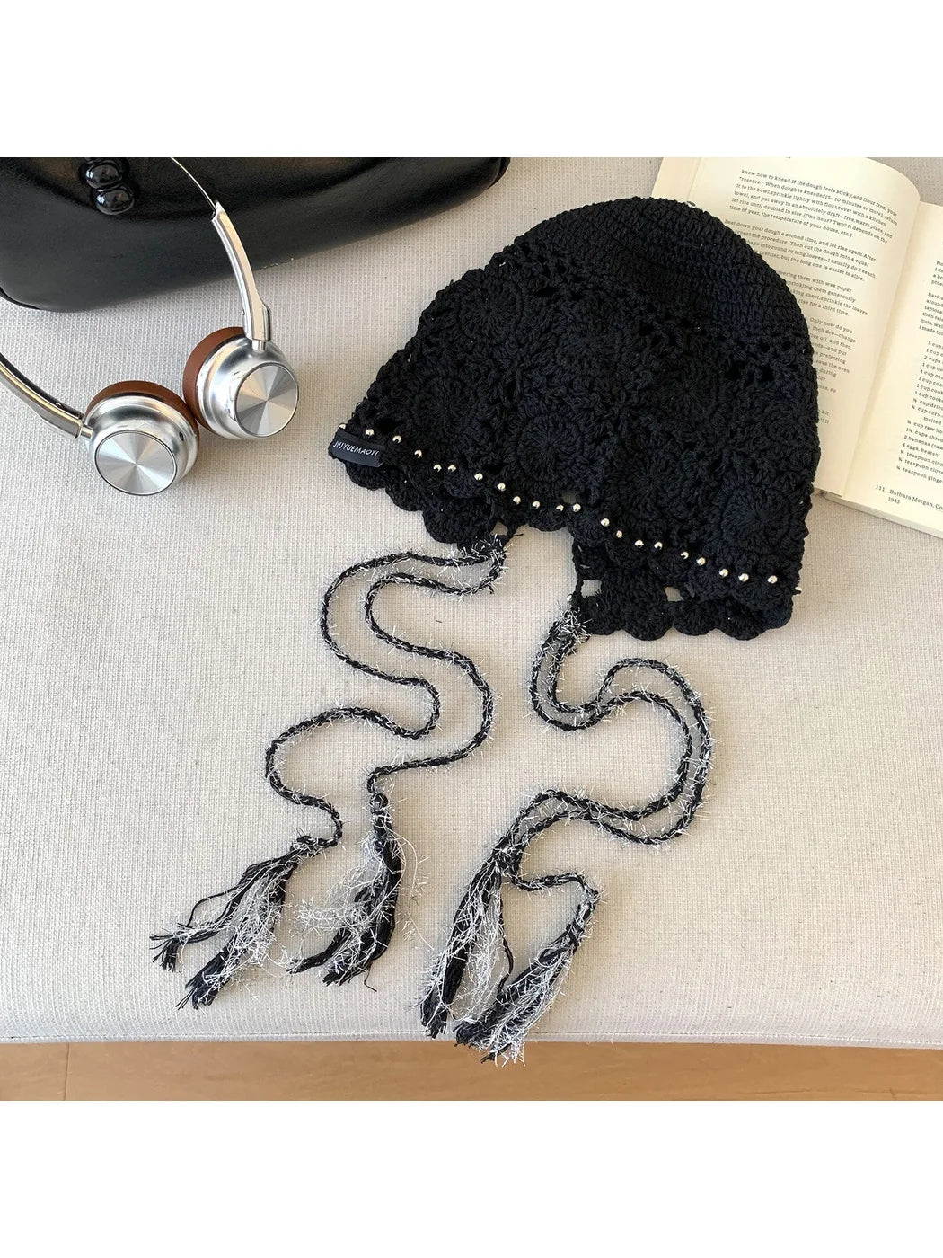 Haila - Openwork Crochet Bonnet with Beaded Trim