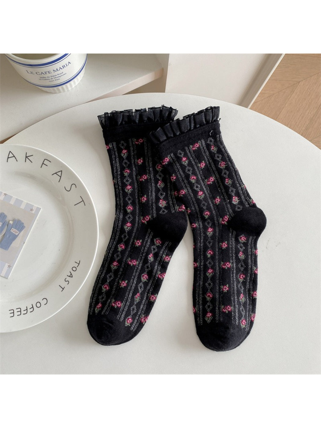 Rufia - Lace Ruffle Floral Knit Crew Socks