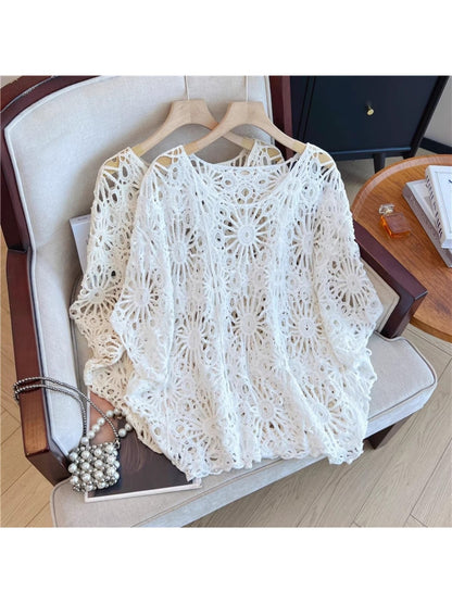 Crosa - Crochet Hollow Out Round Neck Beach Cover Up
