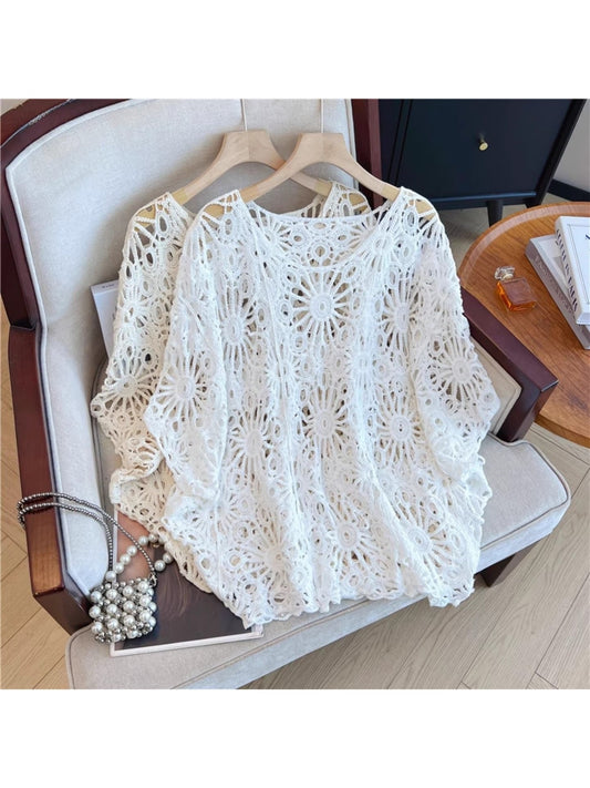 Crosa - Crochet Hollow Out Round Neck Beach Cover Up