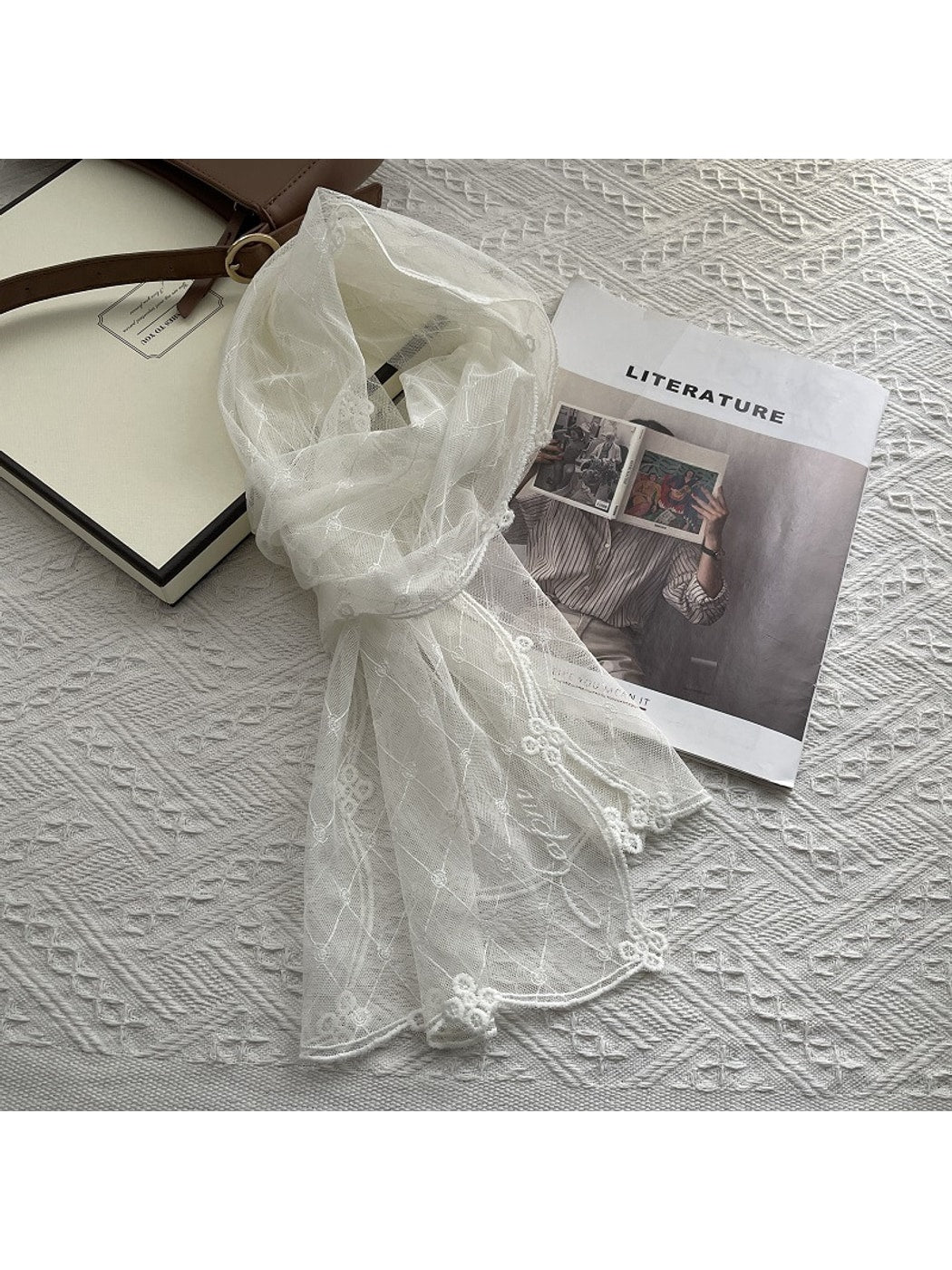Scarvii - Embroidered Trim Lace Plaid Scarf