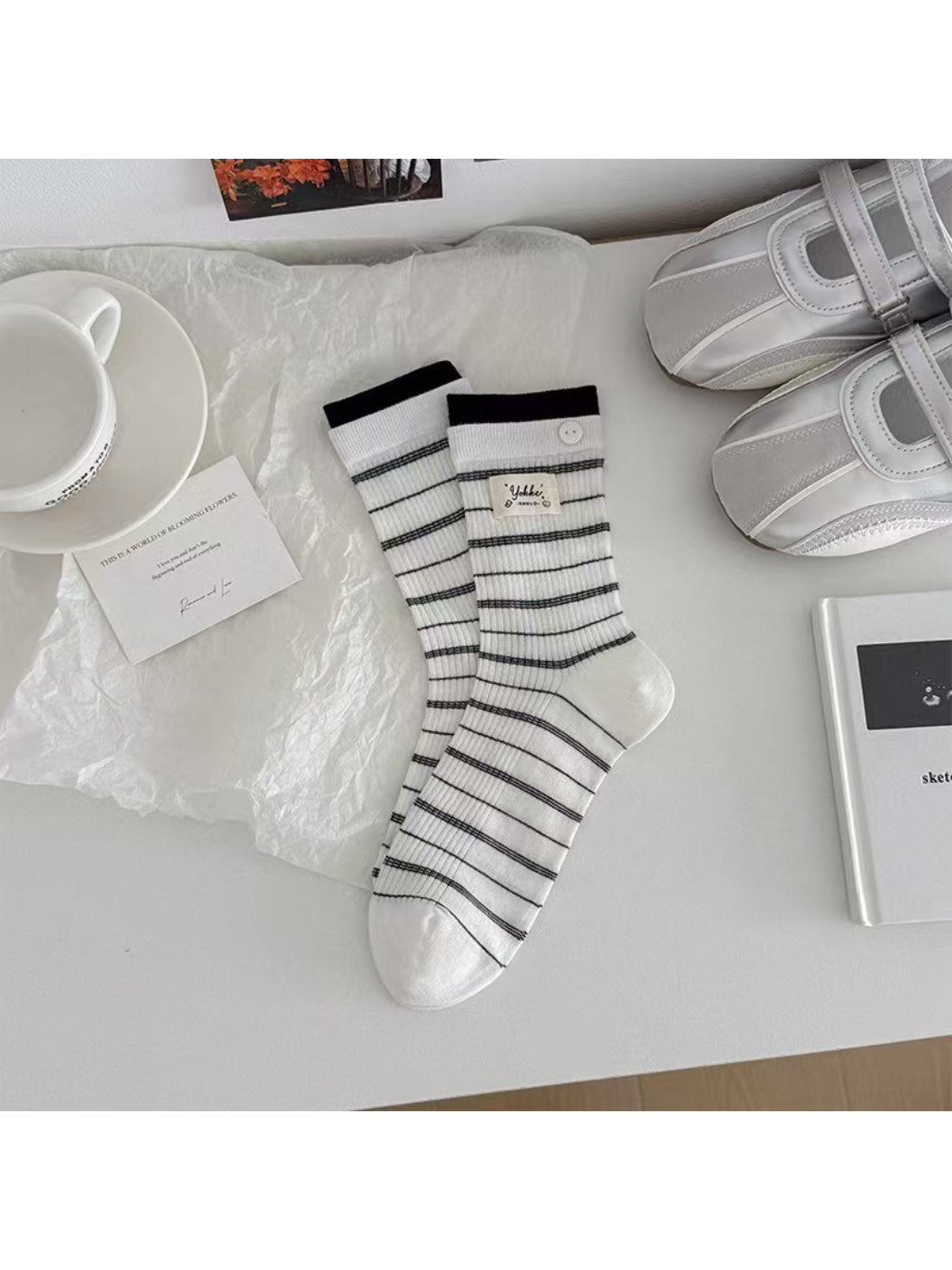 Rufia - Fine Stripe Button Detail Crew Socks product image 4