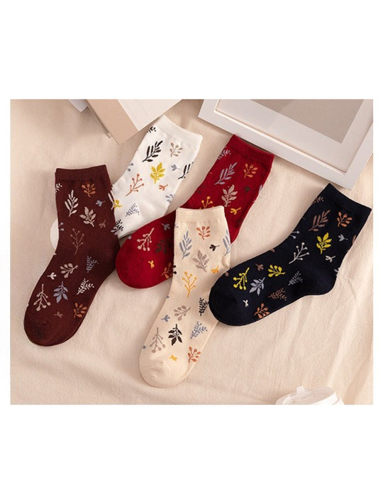Rufia - Scattered Leaf Motif Knit Crew Socks