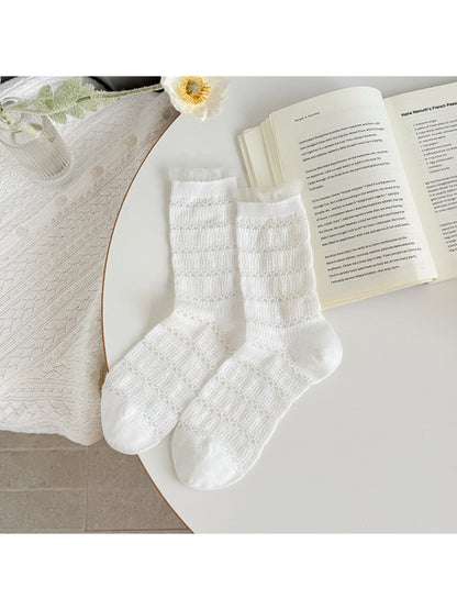 Side view of Rufia everyday socks showing textured knit and ruffled edge