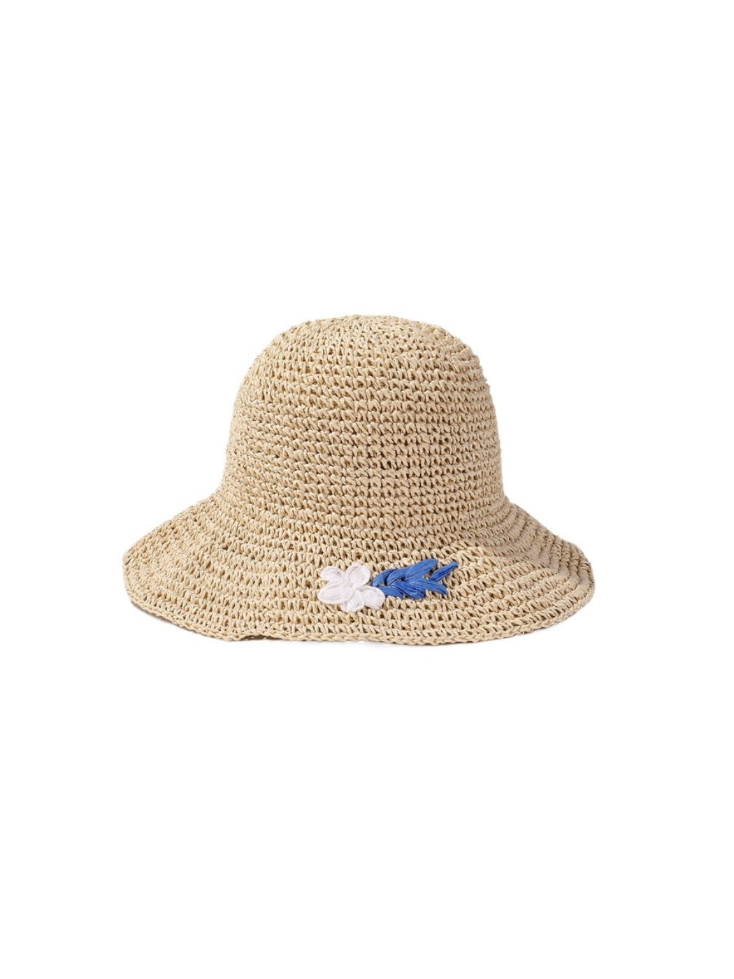 Side view of Haila Coastal Bloom straw look hat showing woven texture and floral band