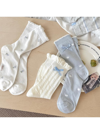 Rufia - Elegant Bow Ruffle Ribbed Crew Socks