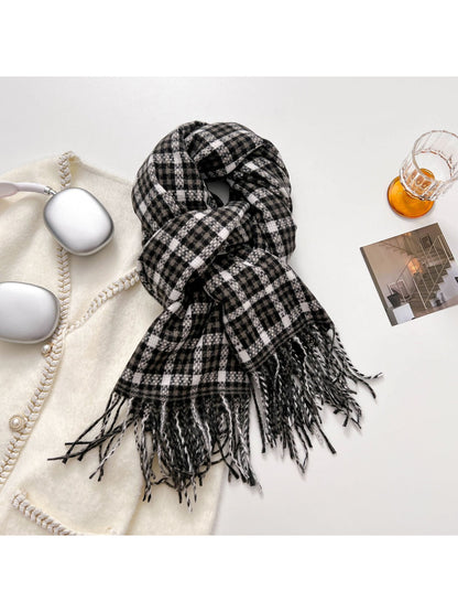 Scarvii - Retro Micro Plaid Fringe Winter Scarf