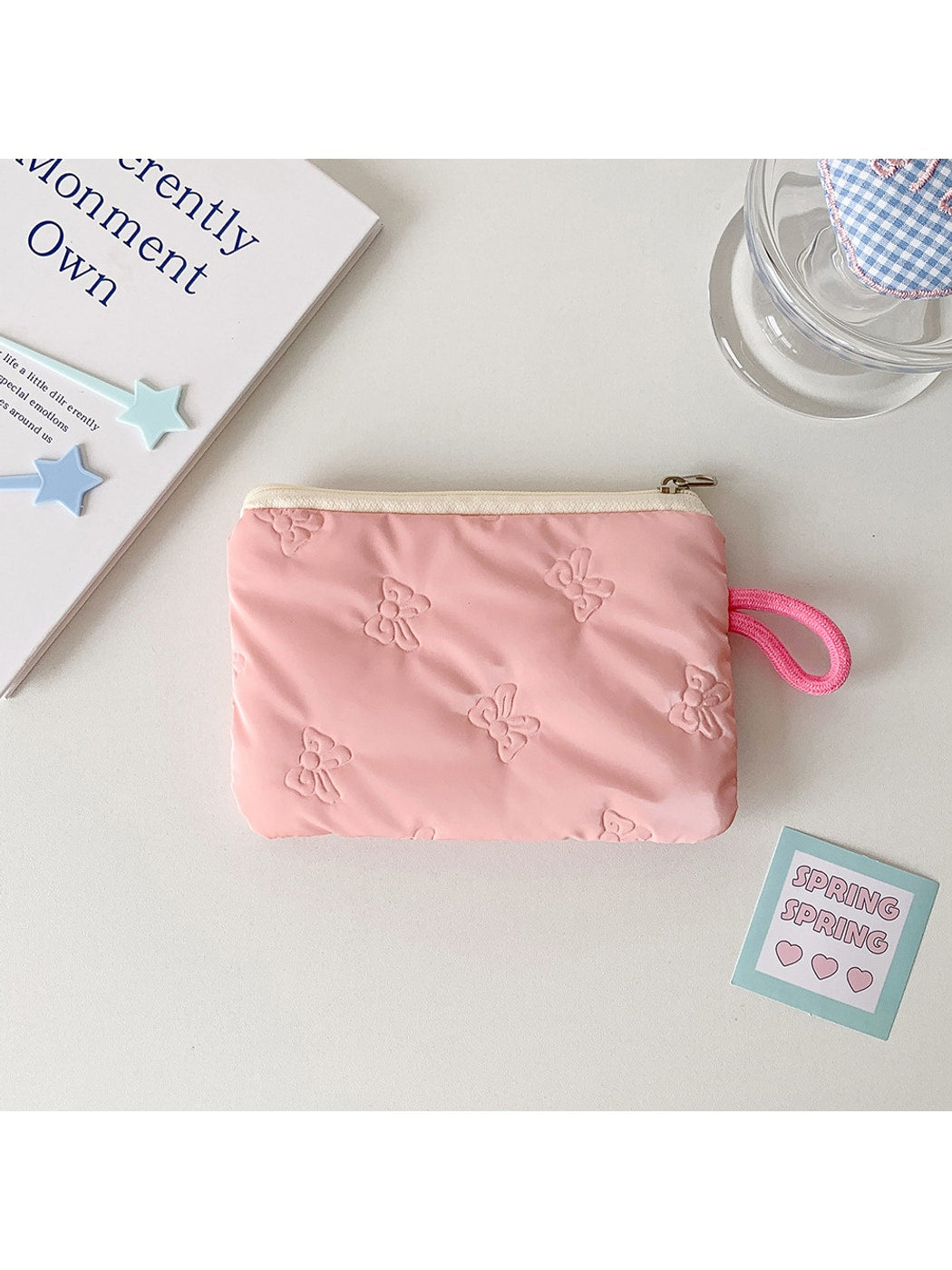 Cosbai - Quilted Heart Pattern Zip Pouch Bag