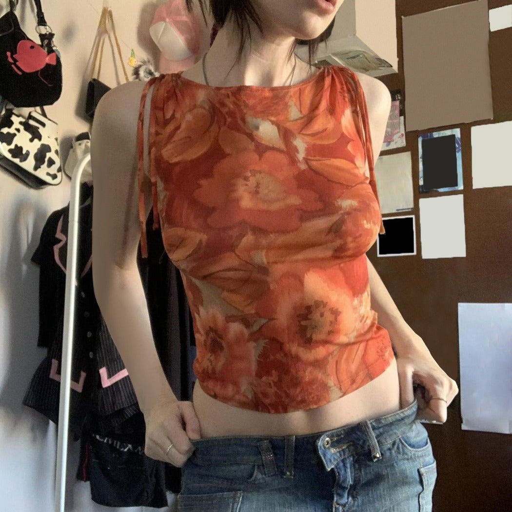 Vesty - Floral Off-Shoulder Crop Top - Green/Red