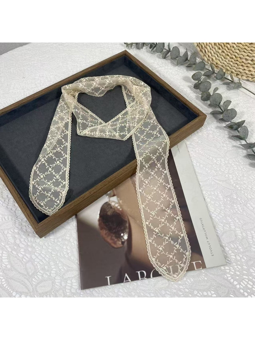 Scarvii - Embroidered Grid Lace Tie Scarf