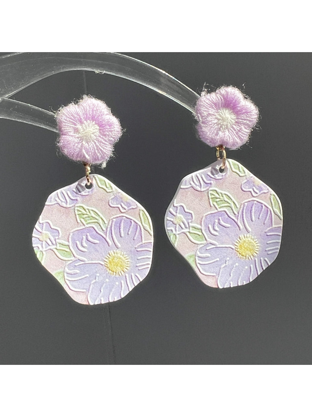 Pair of Earwish Purple Bloom Drop Earrings displayed on a white background