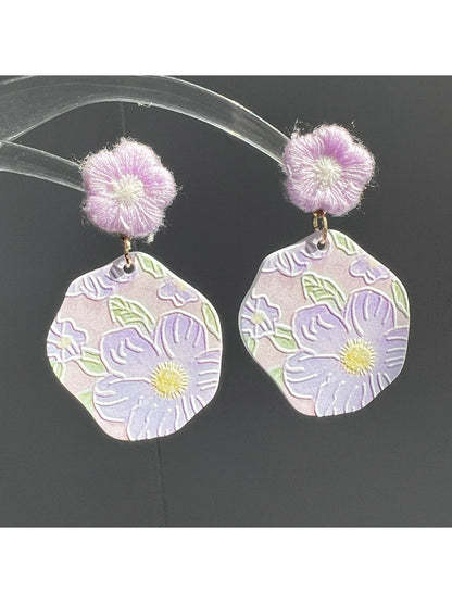 Pair of Earwish Purple Bloom Drop Earrings displayed on a white background