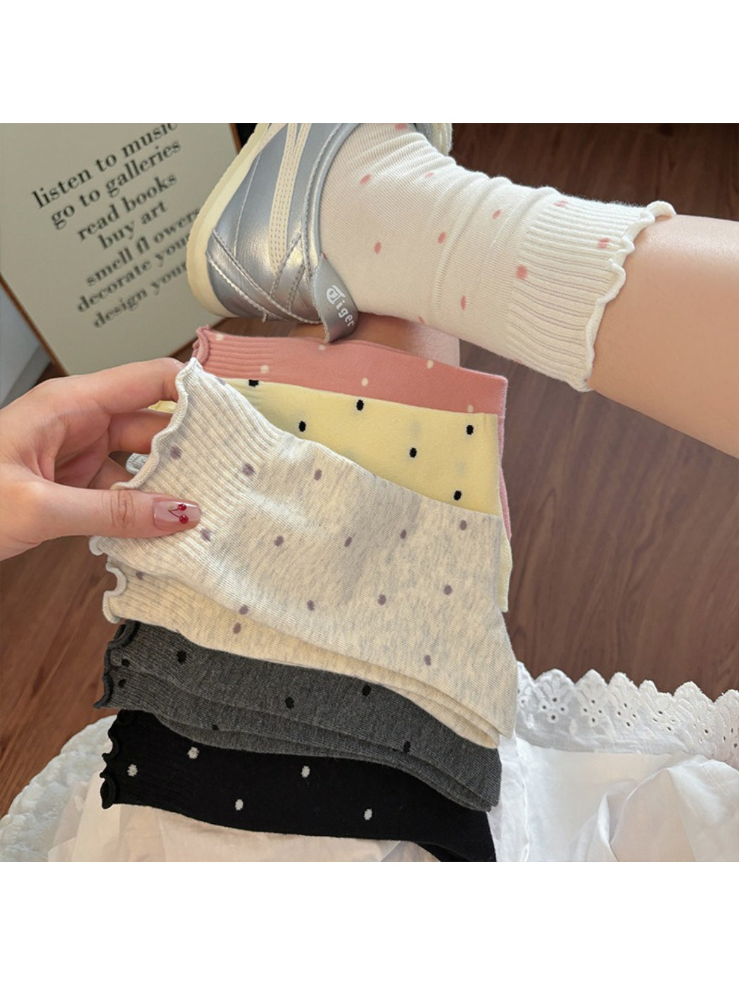 Rufia - Soft Polka Dot Ruffled Crew Socks product image 2