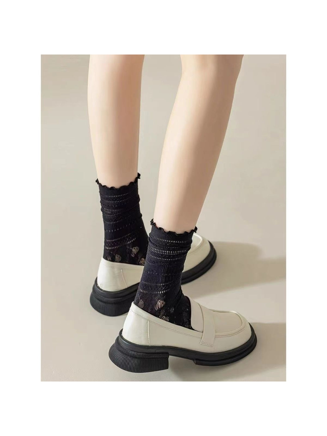 Rufia Sheer Heart Pattern Crew Socks packaging with visible brand label and heart design