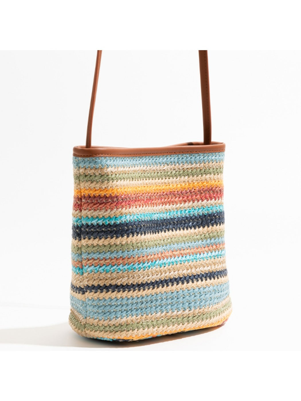 Cosbai - Playful Rainbow Striped Color-Block Bucket Bag