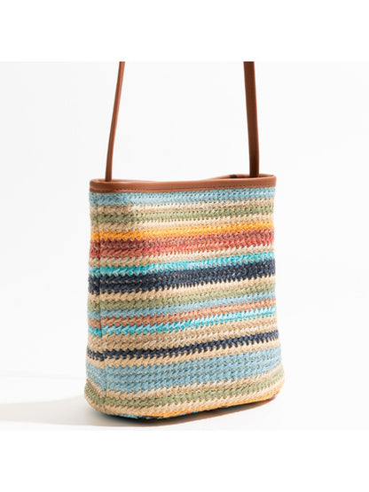 Cosbai - Playful Rainbow Striped Color-Block Bucket Bag