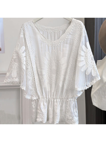 Crosa - Solid Color Lace Embroidered Cover Up