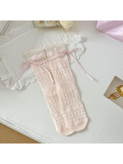 Rufia - Sweet Bow Lace Trim Solid Color Crew Socks