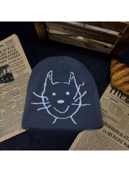 Haila - Cat Face Graphic Knit Slouchy Beanie