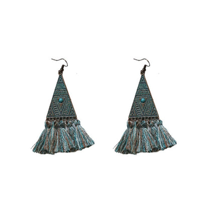 Earwish - Boho Vintage Green Triangle Earrings With Fringe