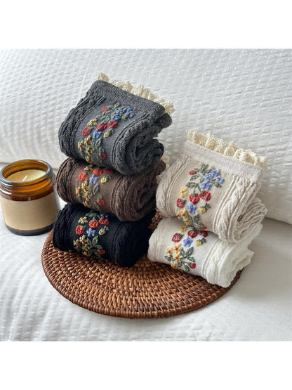 Rufia - Lace Trim Colorful Floral Crew Socks