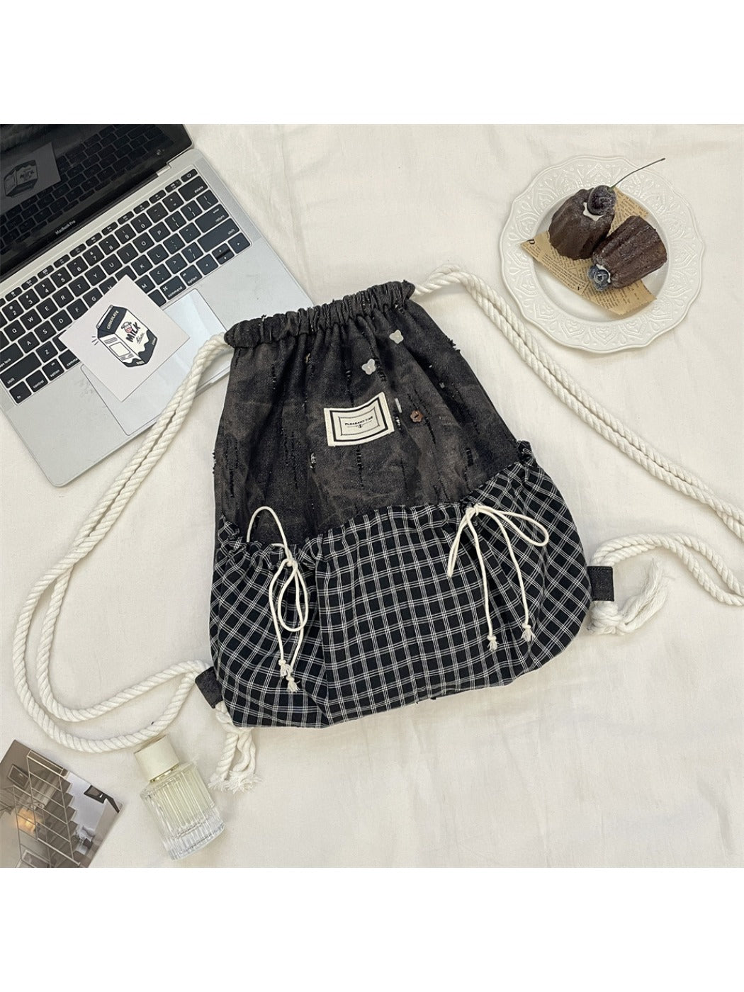 Cosbai – Plaid & Denim Drawstring Backpack