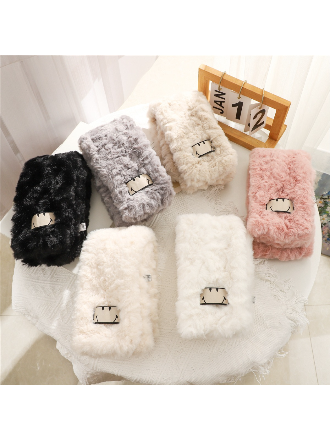Scarvii - Smiling Face Patch Fuzzy Scarf