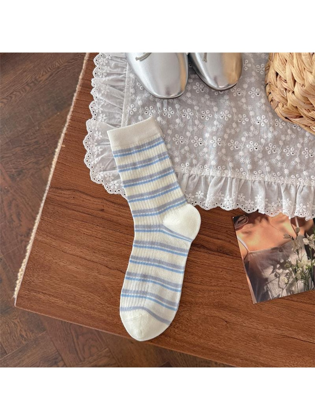 Rufia - Sweet Blue Print Ruffle Crew Socks