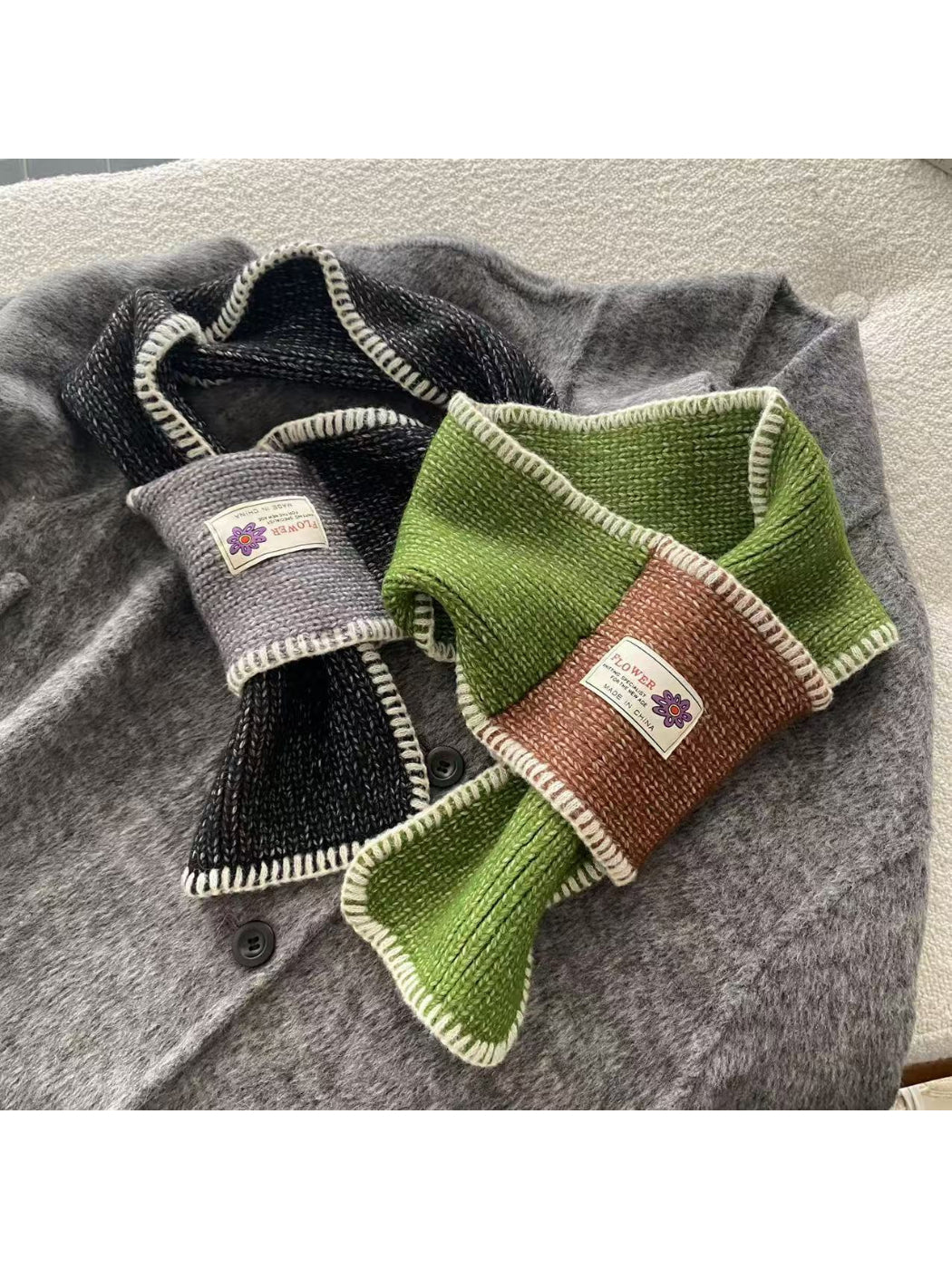 Scarvii - Contrast Panel Blanket Stitch Pull Through Knit Scarf