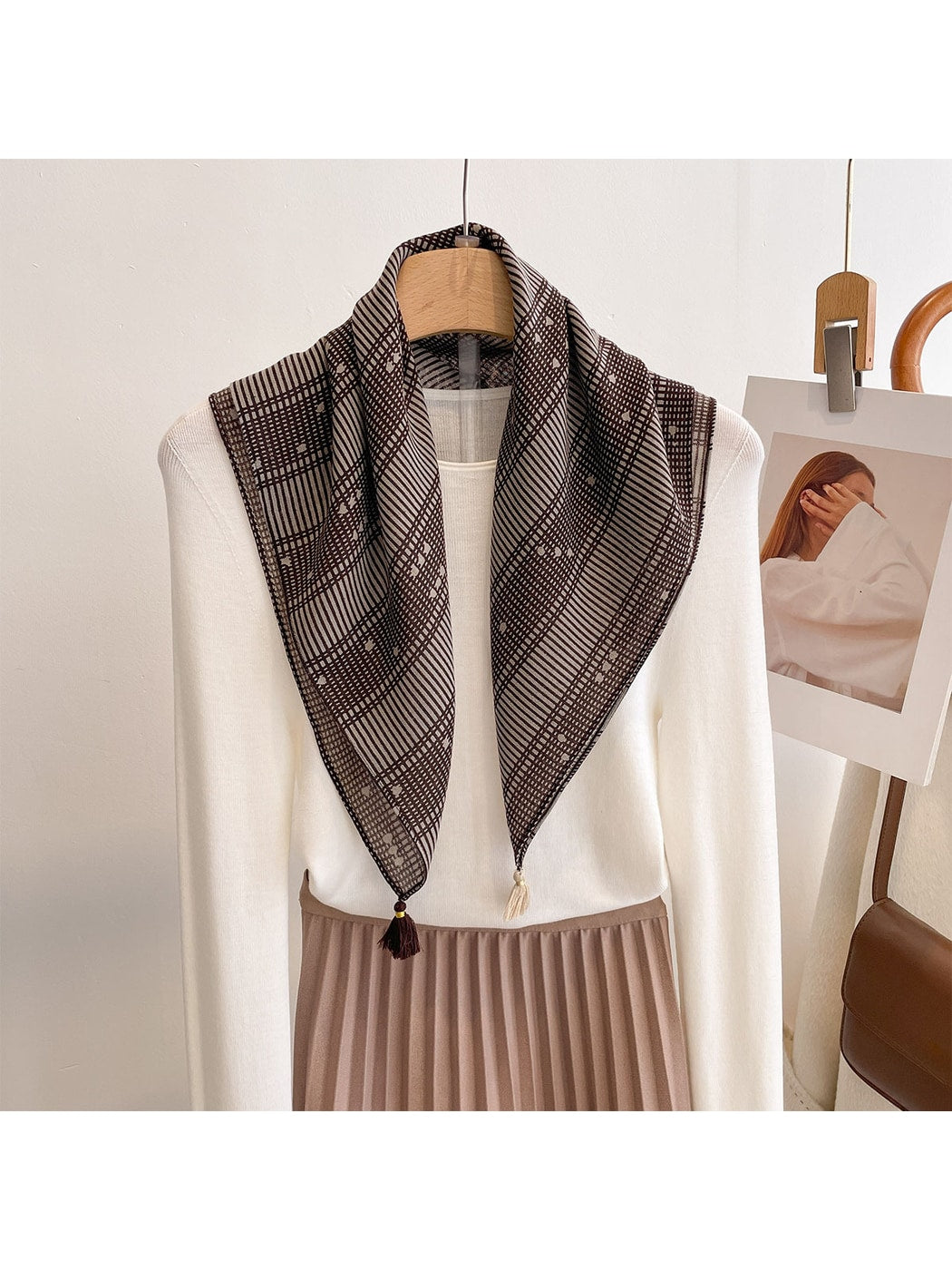 Scarvii - Fine Striped Polka Dot Print Square Scarf